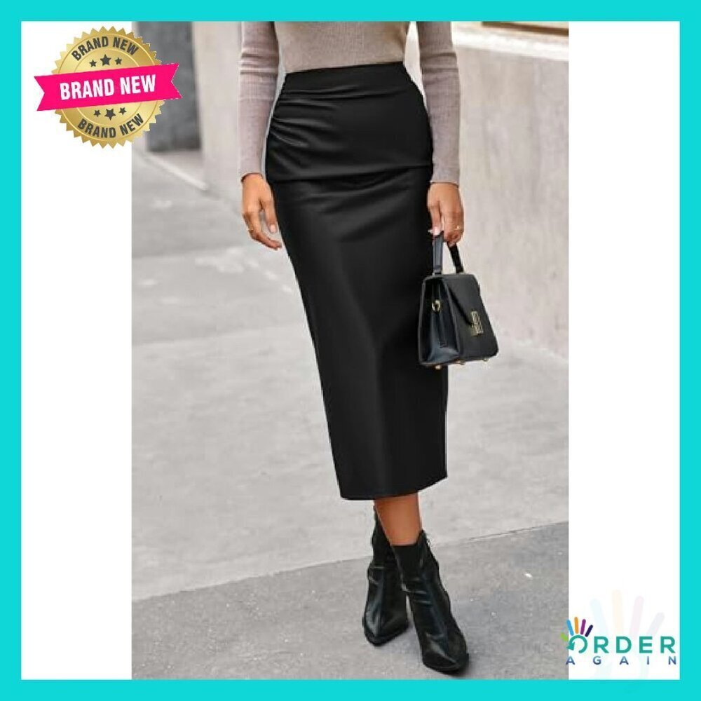Leather Pencil Skirt Bodycon Midi Chic Elegant Work Casual Back Slit - Picture 3 of 8